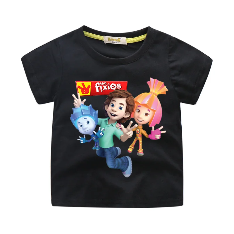Одежда для мальчиков; костюм для девочек с персонажами мультфильма «Фиксики и мастера»; футболка для детей; футболка; одежда; Детские футболки; топы; одежда для малышей; WJ137 - Цвет: Black Tshirt