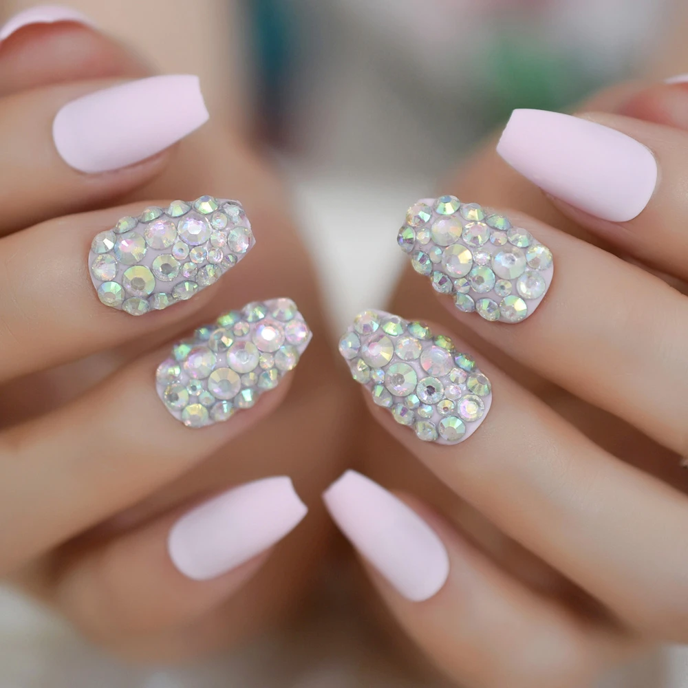 3d Ab Rhinestones False Nails Pink Color Candy Coffin Frosted Matte Flat Full Cover Handmade Bride Fake Nail Tips False Nails Aliexpress