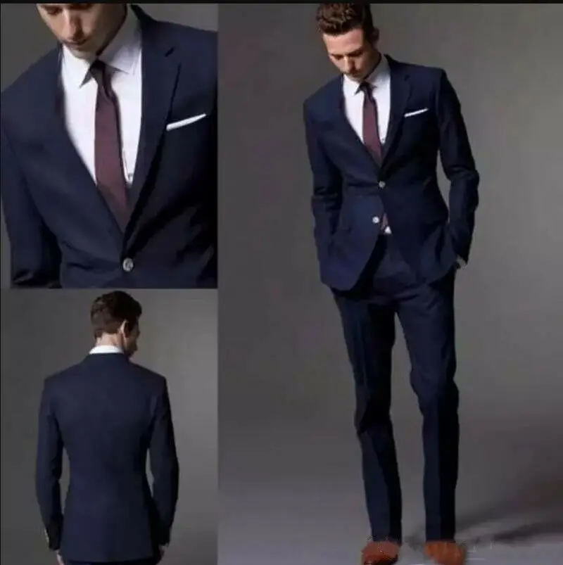 

Dark Navy Blue 3Pcs Fashion Wedding Suits Two Button Slim Fit Custom 40 42 44 46