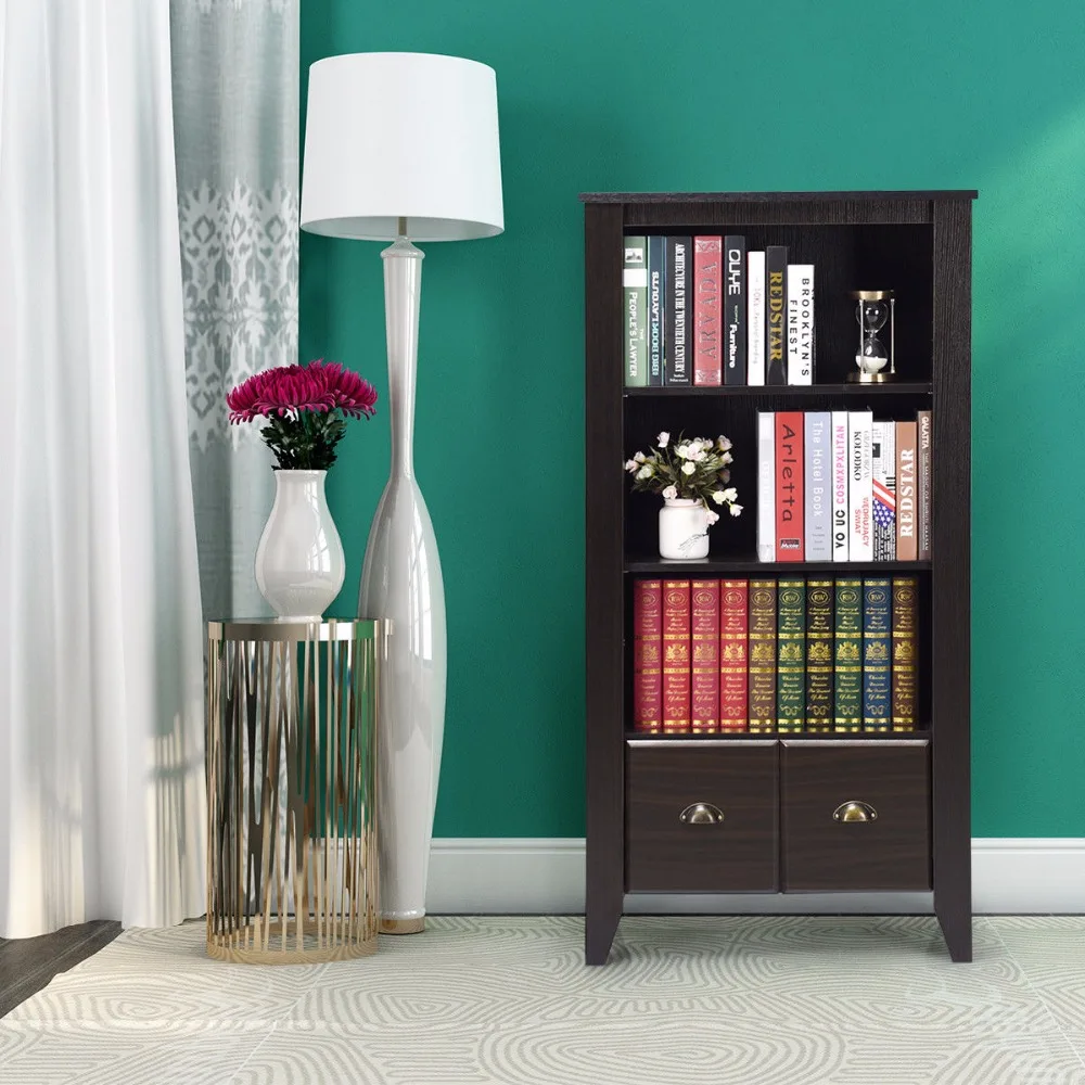 Giantex 3 رف خزانة الكتب قابل للتعديل الرفوف العتيقة المنظم في Furni W/2 درج المنزل الأثاث HW60303