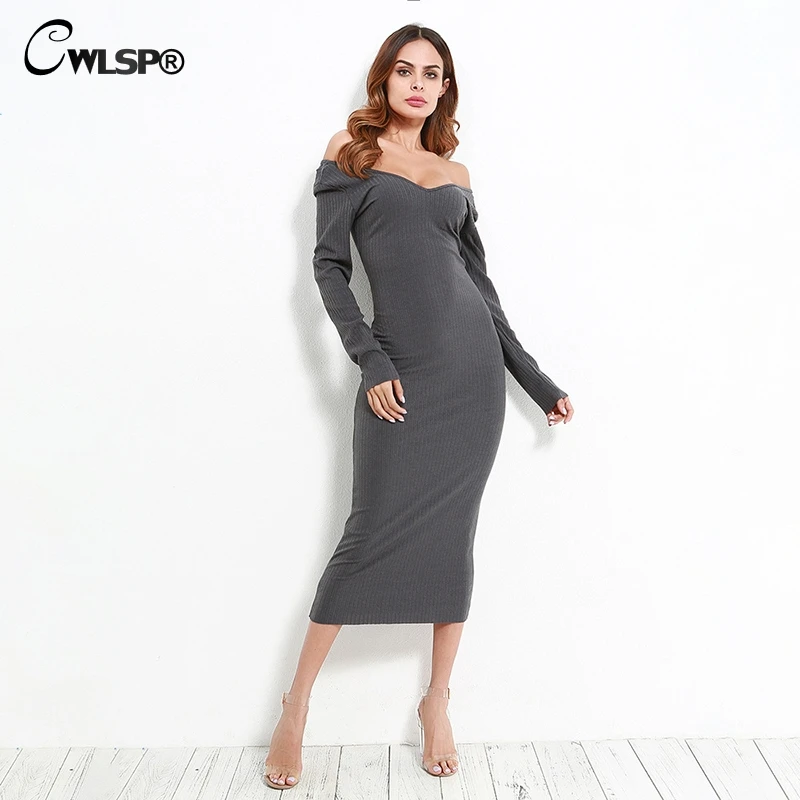 CWLSP Skinny Ribbed Sweater Dress Women Slash Neck Off Shoulder Long Sleeve Dresses Slim Sexy vestido longo robe femme QL3644