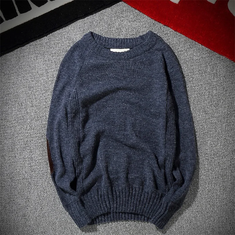 MRMT Brand Men's Sweater Elbow Corduroy Patch Retro Solid Color Round Neck Pullover Sweater for Male Sweater