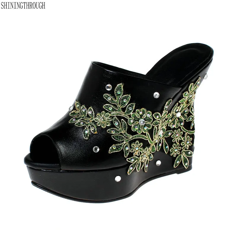 

Genuine leather wedges high heels women slippers crystal summer shoes woman sexy ladies casual shoes