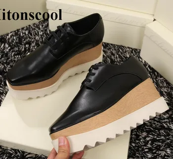 

2019 Stars Loafer Shoes Women Square Toe Lace Up Thick Bottom Platform Wedge Shoes For Women Causal Rihanna Creepers Shoes