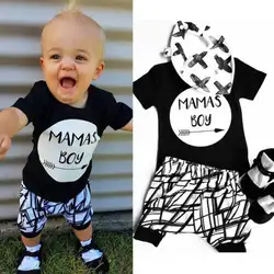 Модная одежда для новорожденных, комплект из 2 предметов, черная футболка с буквенным принтом для мальчиков, белые штаны в полоску