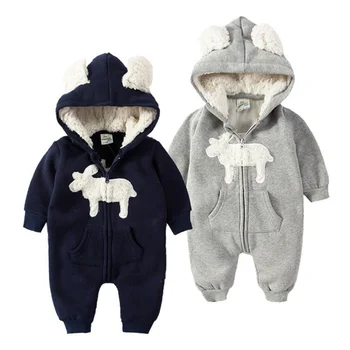 

2018 Thick Warm Newborn Baby Rompers Winter Clothes Infant Baby Boy Girl Jumpsuit Hooded Costume Suit Toddler Outerwear