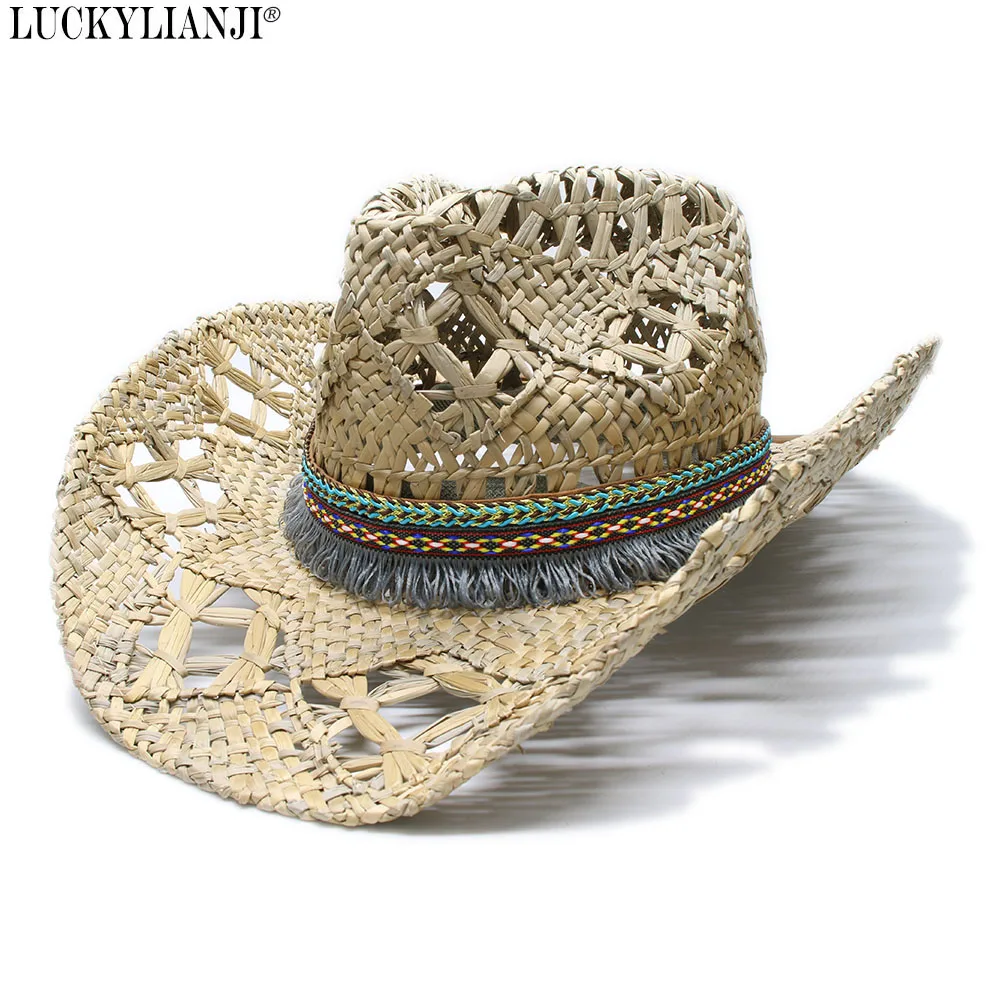 

LUCKYLIANJI Women's Men's Unisex's Vintage Wide Brim Straw Sun Beach Cowboy Cowgirl Western Hat Ethnic Style Braid Band (58cm)