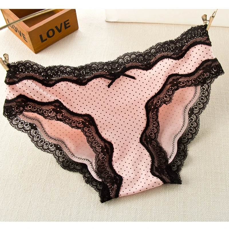 

1 Pieces Briefs Cure Dot Lace Striped Lingerie Female Low Waist Cotton Black Pink New Soft High Quality Underwear Woman Panties