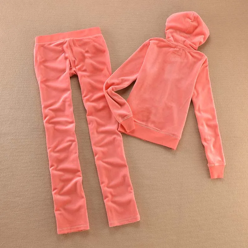 Весна/Осень Бархатная ткань женские брендовые бархатные спортивные костюмы женский тренировочный костюм с капюшоном и брюки размер XS-XL - Цвет: Orange red