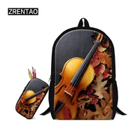 ZRENTAO  3D violin print backpack for primary students school bags +pencil case high quality 2 PCS/Set mochilas for girls