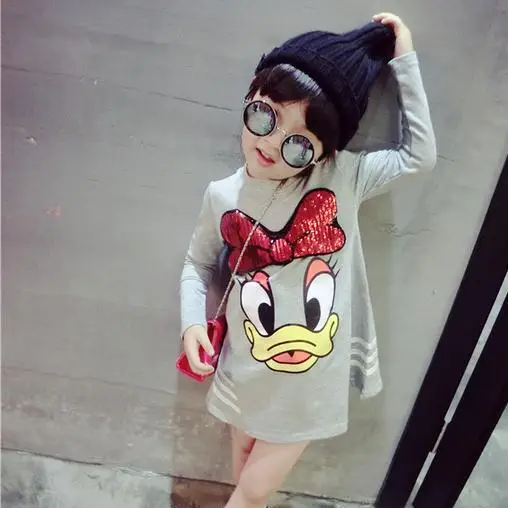 

nova 2015 autumn winter long sleeve sequined bow cartoon Duck girls dresses vestido infantil suit 2~7 age kids clothes dress