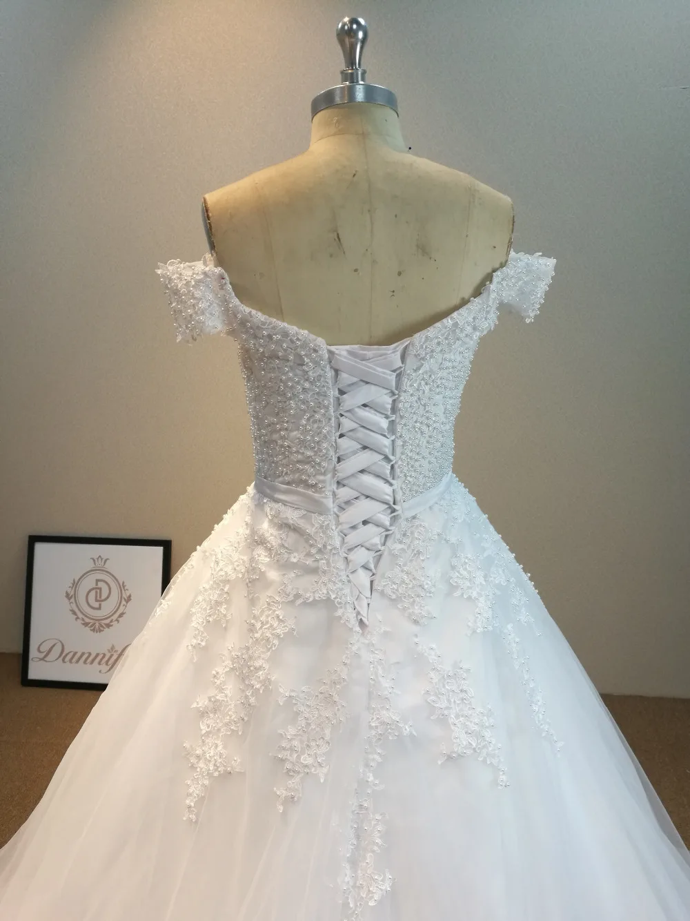 Lace Pearls Appliques Off The Shoulder Ball Gown Wedding Dress