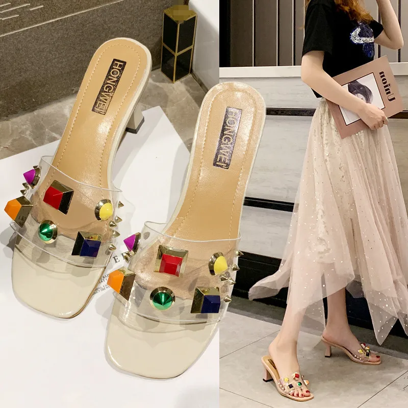 

On A Wedge Slippers Women Summer Square heel Women's Shoes 2019 Mixed Colors Med Slides Transparent Heel New Sliders Sequined