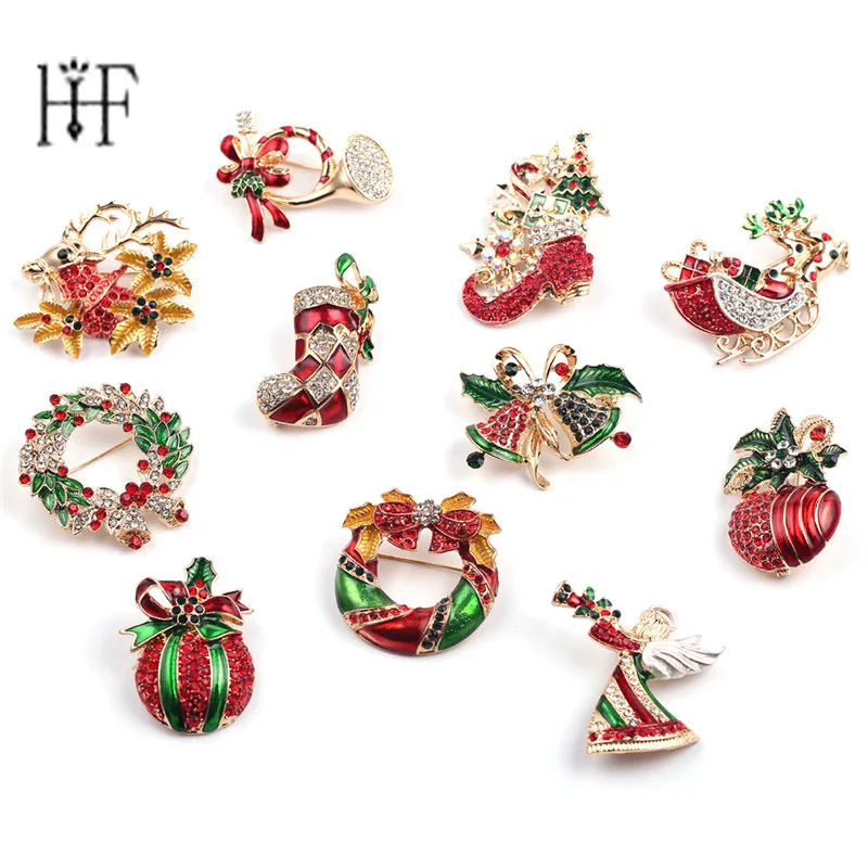 

Free Delivery Christmas Brooches Winter Festival Brooch Pin Snowman Santa Claus Boot Garland Lapel Pins Jewelry Christmas Gift