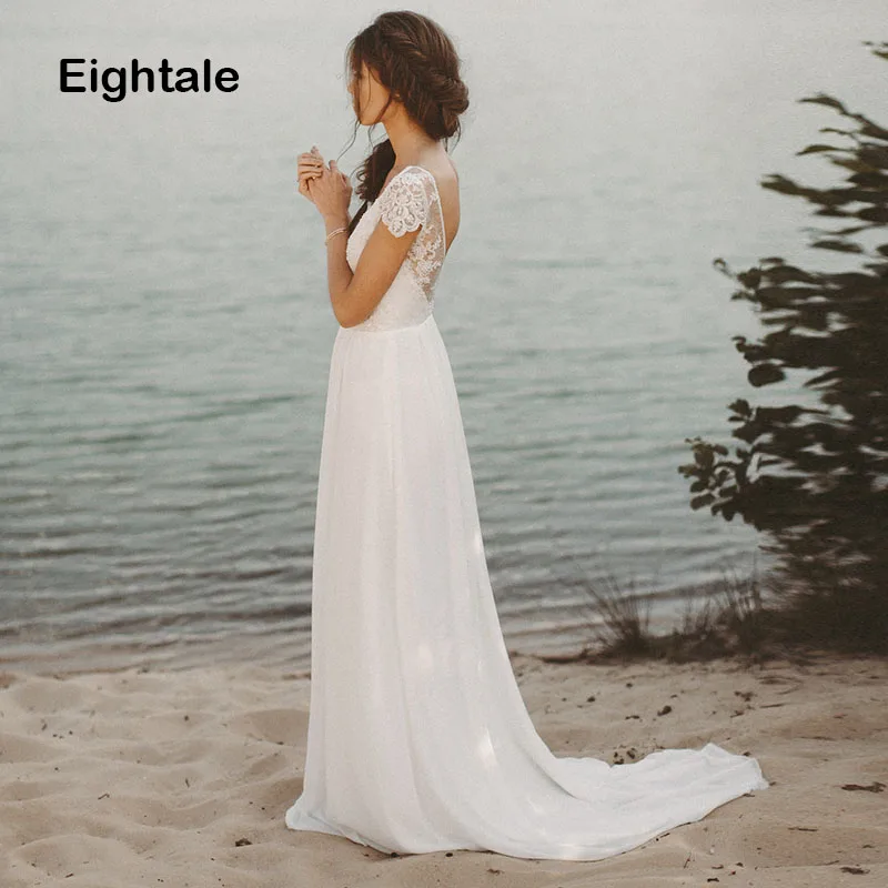 

Eightale Beach Wedding Dress 2019 V Neck Backless Lace A Line Chiffon Cap Sleeve Boho Bride Dress Wedding Gown Free Shipping