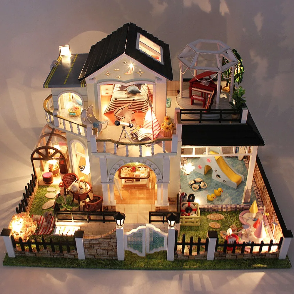 DIY Doll House Wooden Villa Miniatures LED Light Furniture Kit Cute Doll House for Kids Gift Miniature Crafts DIY Doll House Wooden Villa Miniatures LED Light Furniture Kit Cute Doll House for Kids Gift Miniature Crafts