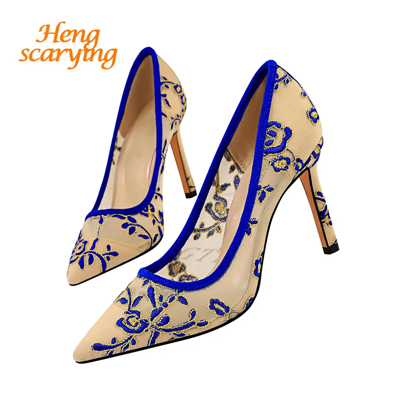 

2019 Women 9.5cm High Heels Bridal Lace Mesh Pumps Size 40 Lady Summer Embroider Blue Pumps Heels Female Scarpins Luxury Shoes