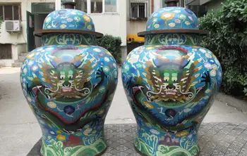

21 Chinese Copper cloisonne Palace Six Dragon General Crock Bottle Pot Vase Pair