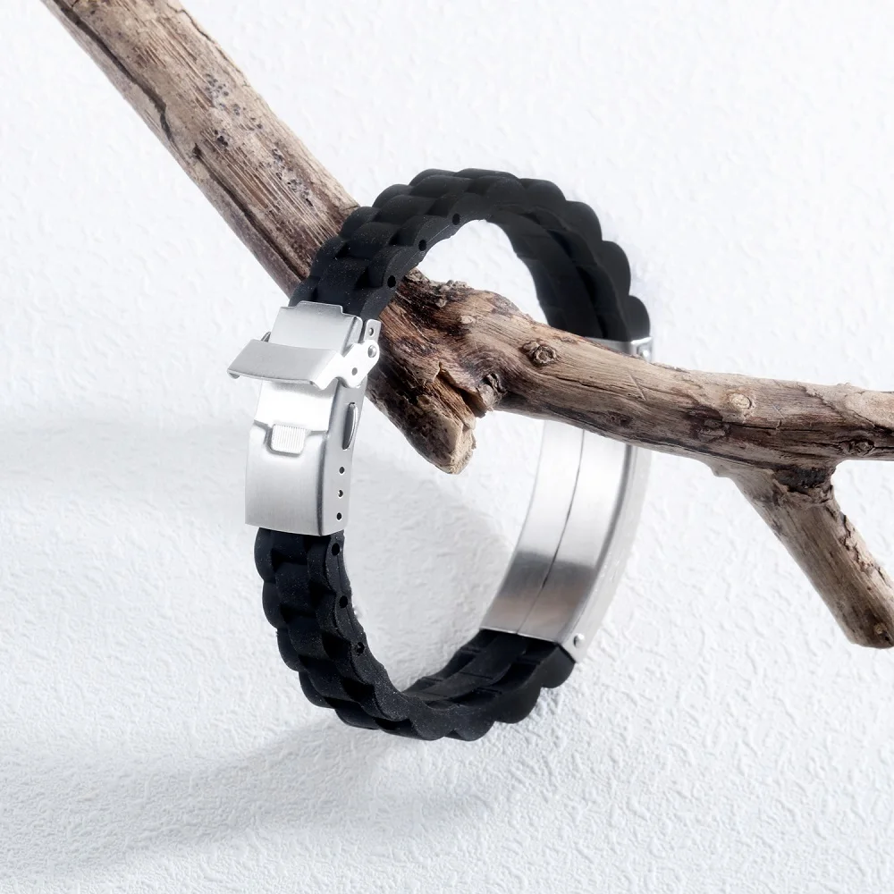 FATE LOVE Brand Fashion Jewelry Boy Men ID Bracelet Wristband Bangles Silicone + Stainless steel in Silver Black color