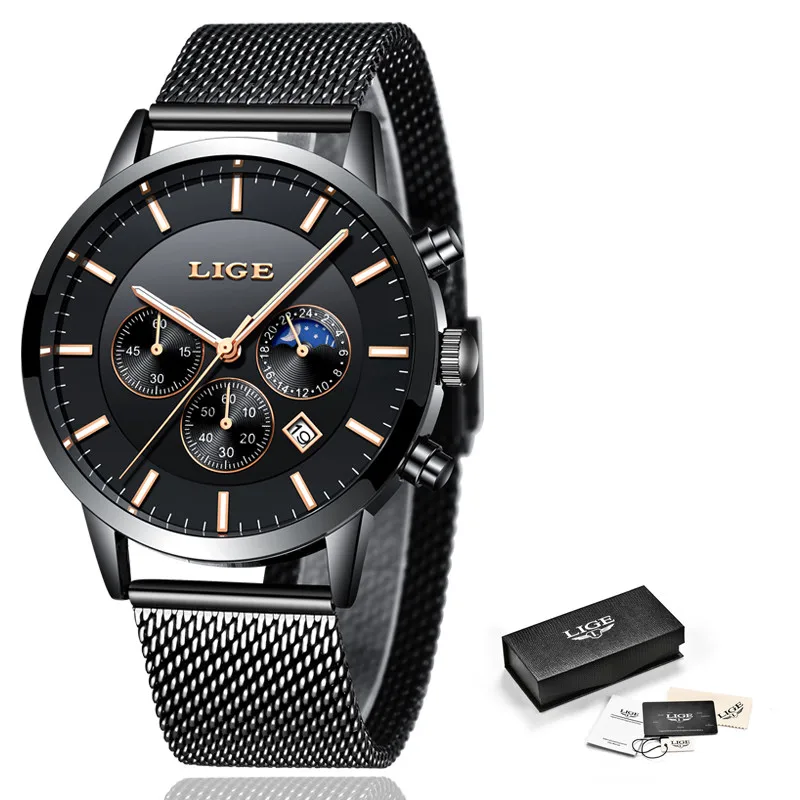 Black Rose Gold LIGE Лидирующий бренд, Роскошные мужские часы из нержавеющей стали, ультра тонкие спортивные часы, мужские классические кварцевые наручные часы, мужские часы - Цвет: Black Rose Gold