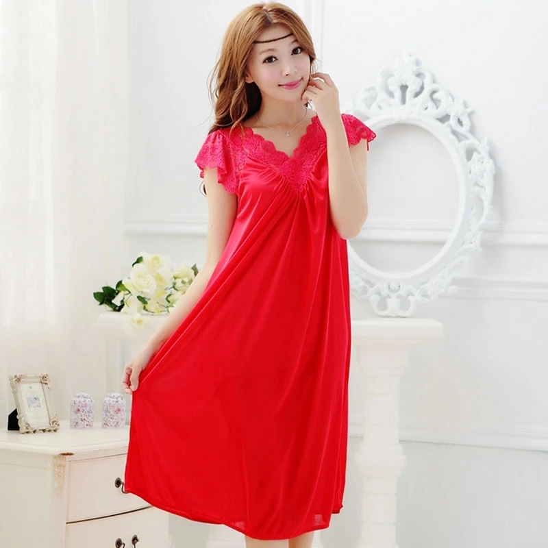 Free shipping women red lace sexy nightdress girls plus size Large size