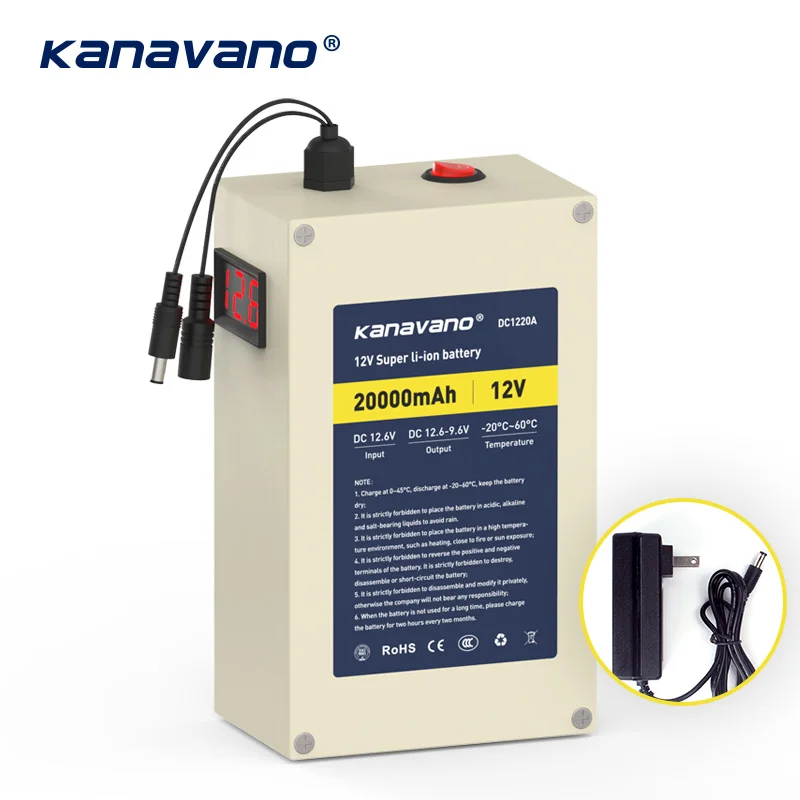 Kanavano портативная пластина 12V 20AH перезаряжаемая литиевая батарея 18650 и AC 12,6 V 2A зарядное устройство с 4 видами штекеров