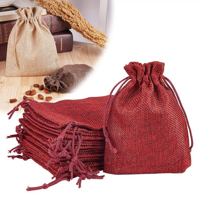 

10PCS/Pack Colorful Drawstring Pouch Christmas Pattern Party Wedding Favor Hessian Burlap Jute Gift Bags Home Decor