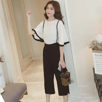 

Summer Two Piece Set Fashion Butterfly Sleeve O-Neck Top And Overalls Set 2 Piece Set Women New Shirt Solid Color Trousers