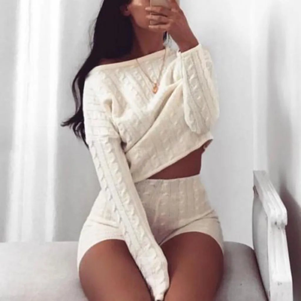 

Two Piece Set Women Ladies Solid Off Shoulder Knitted Warm Loungewear Short Crop Suit Set conjuntos de mujer
