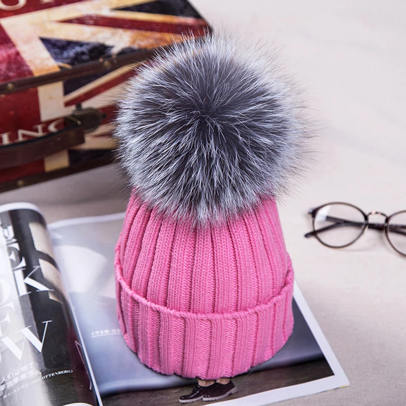 Новая женская зимняя шапка из лисьего меха 12 см, круглая Лыжная шапка с помпоном - Цвет: Розовый