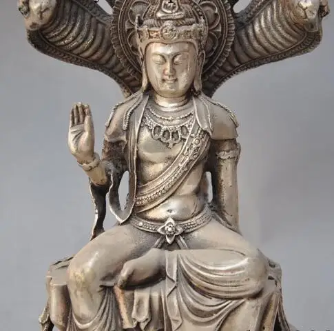 

S0912 12" Tibet Buddhism silver 5-Heads King cobra Snake Naga Kanya God Buddha Statue