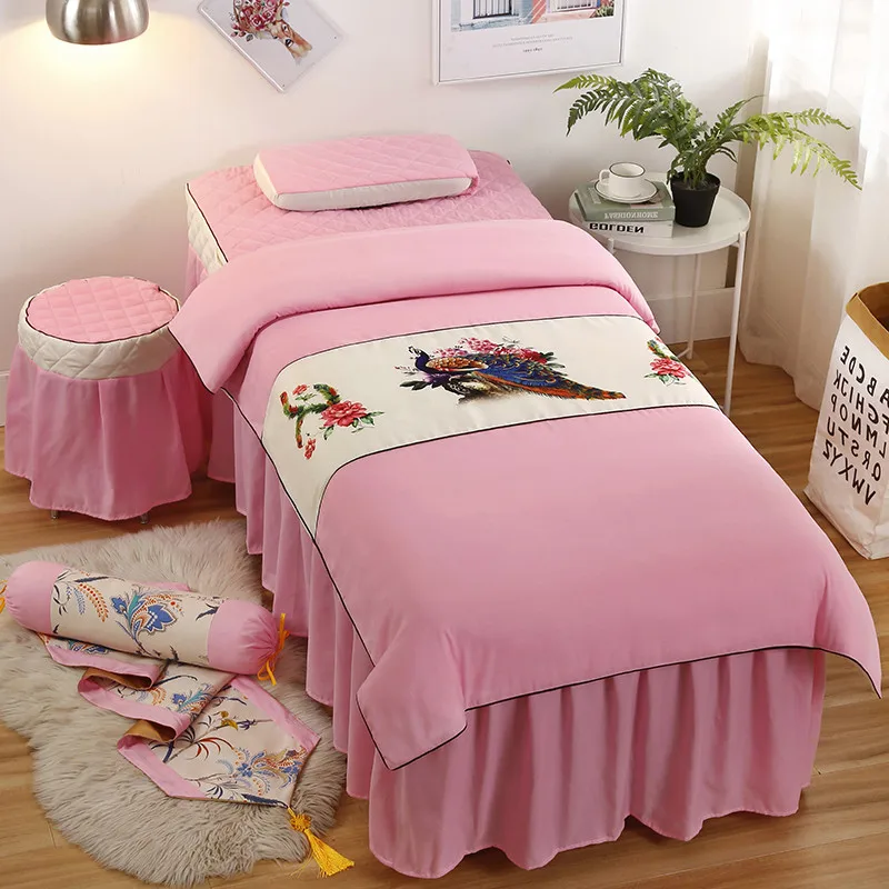 

4pcs Beauty Salon Duvet Cover Bed Skirt Bedding Set for Hairdresser Spa Salon Customized Peacock Picture Pink Purple Color