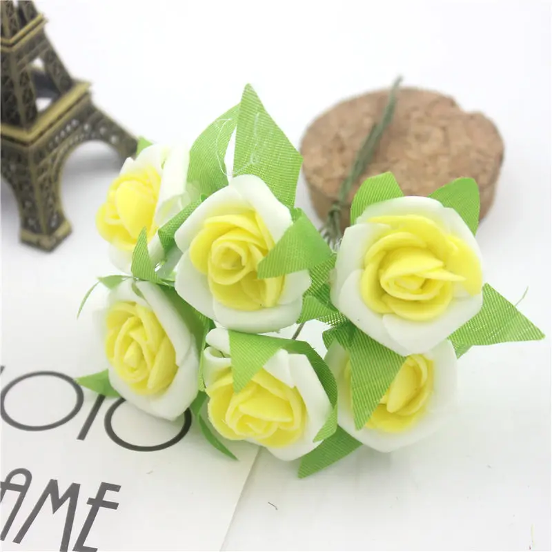 6 шт./лот, искусственные шелковые розы, ПЭ пена, Мини искусственные шелковые цветы, свадебный букет, декоративные цветы и гирлянды - Цвет: white yellow