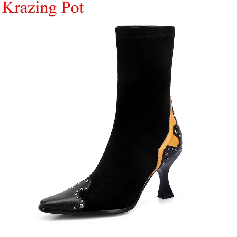

Krazing pot 2018 fashion flock mixed colors strange style stretch preppy style rivet winter shoes sweet women mid-calf boots L58