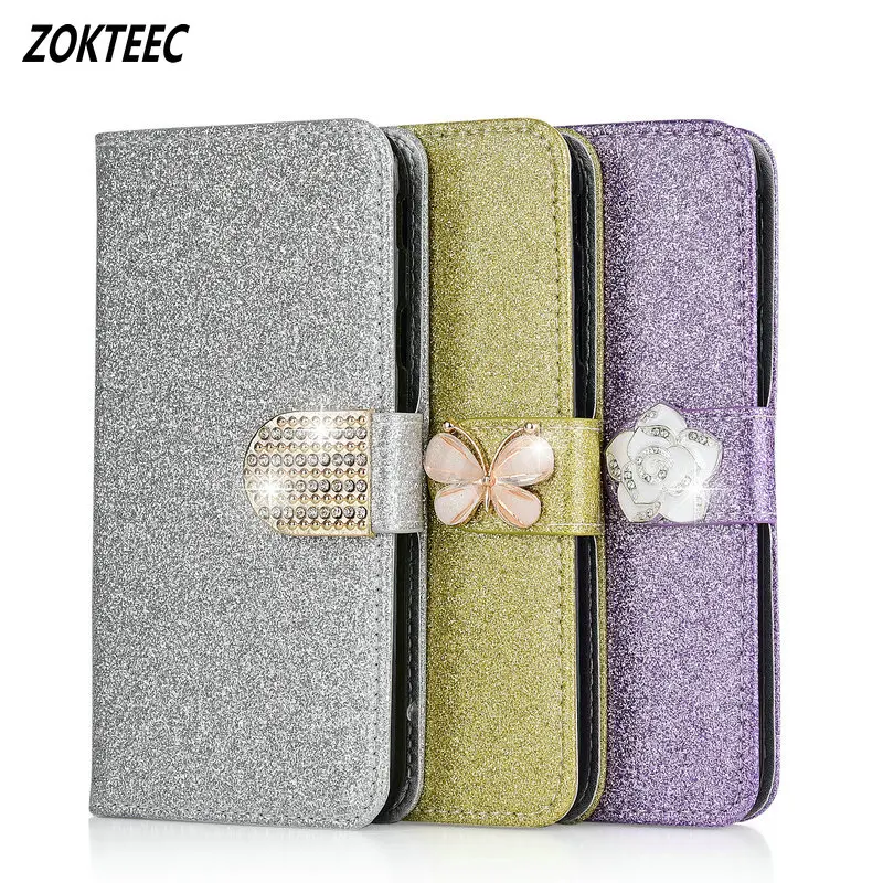

Flip Glitter Leather Case For Huawei Y5 Prime 2018 Y5 2017 Y5 II Luxury Wallet Business Cover Stand Phone Case With Diamonds