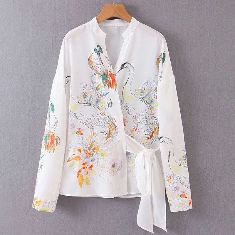 

RR Printed Long Sleeve Blouses Women Fashion Tie Belt Waist Shirts Women Elegant V Neck Tops Female Ladies GV