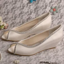 Wedopus MW489 Атласная Кристалл Модные Туфли На Низком Каблуке Клин Свадебные Туфли Peep Toe