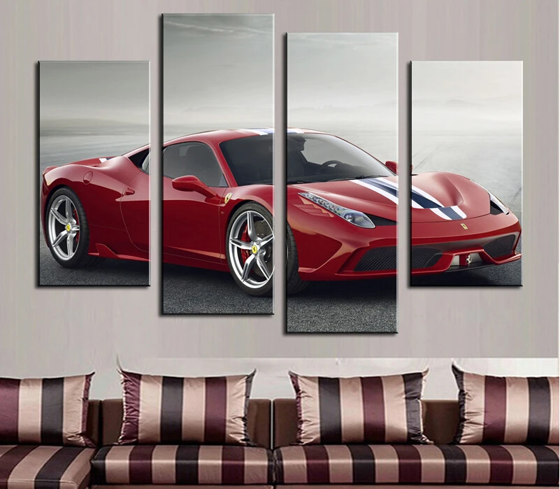 4 Pcs(No Frame) Red Sports Car Wall Art Picture Home Decoration Living