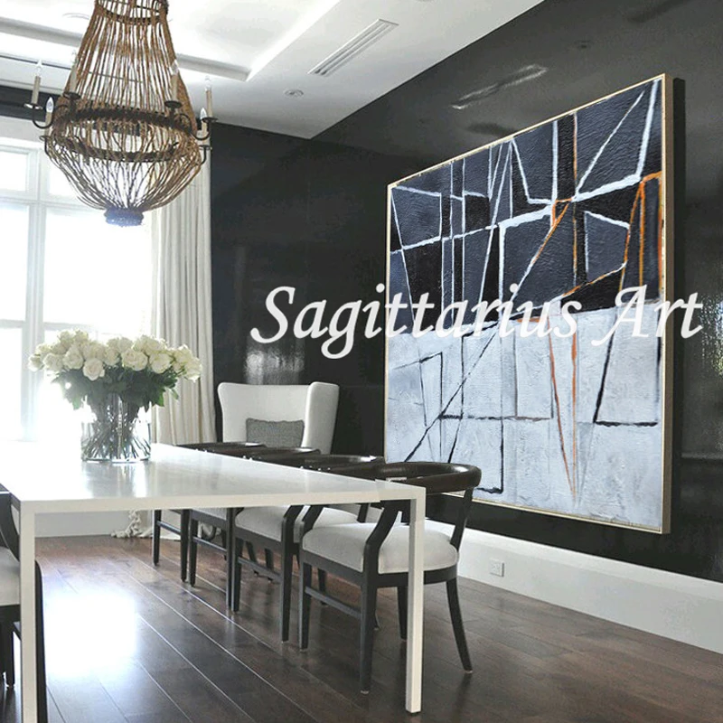 

Hand made Contemporary Abstract Modern Black And White Abstract Geometric Oil Paintings Canvas Wall Art Home Decoration Fine Art