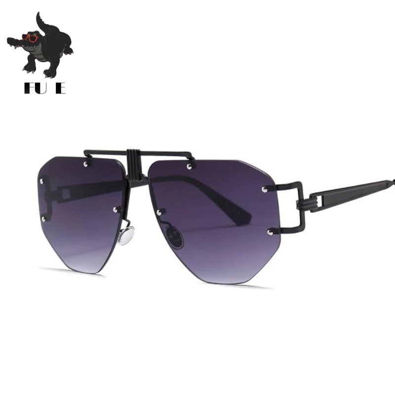 Goedkoop FU E 2019 Mode Frameloze zonnebril Dames Nieuwe Merk Designer Punk Grote Frame Glazen Retro zonnebril Mannen UV400 Oculos de sol