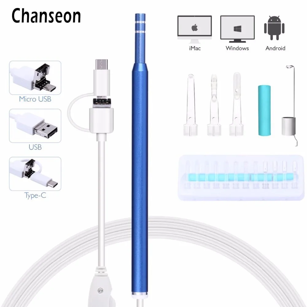 Chanseon эндоскоп для чистки ушей 3 в 1 USB HD визуальная Ушная ложка 5,5 мм Мини эндоскоп камера Android PC ушной палочки отоскоп бороскоп