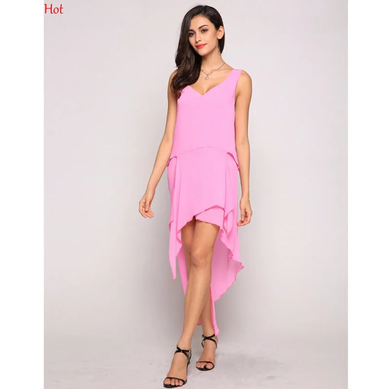 Plus Size Women Chiffon Dress Sleeveless Asymmetrical Dresses Casual V Neck Tank Clothing Solid Color Summer Stule Tail | Женская одежда
