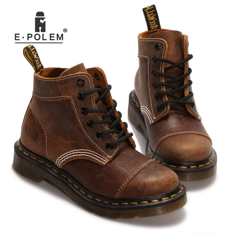 

Gothic Patchwork Martin Boots Fashion Steampunk Shoes Crack Cowhide Genuine Leather Retro Brown Round-Toe Ankle Booties