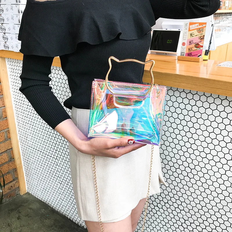 TCGAD Женская Лазерная сумка на плечо голографическая сумка мини сумка-мессенджер с цепочкой кошка подвеска на сумку сумки женские сумки через плечо