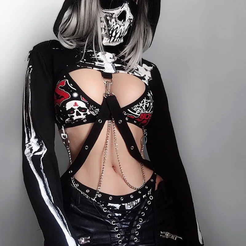 

Gothic Short Long Sleeves Hoodie Sweatshirt Straight Black Skull Print Zipper-up Hooded Fashion Long Sleeve Street Dark Hoodies
