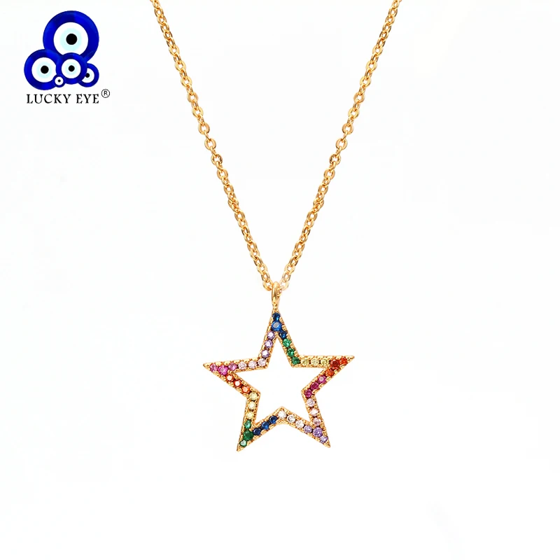 

Lucky eye Micro Pave Star Pendant Necklace Gold Color Chain Multi Color Zircon Charm Necklace Jewelry for Women Female EY6366