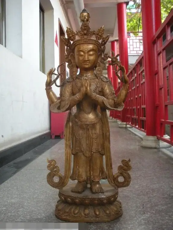 

S03084 31"Tibet Buddhism Bronze Sakyamuni Head Four Arm Hand Kwan-Yin Buddha statue