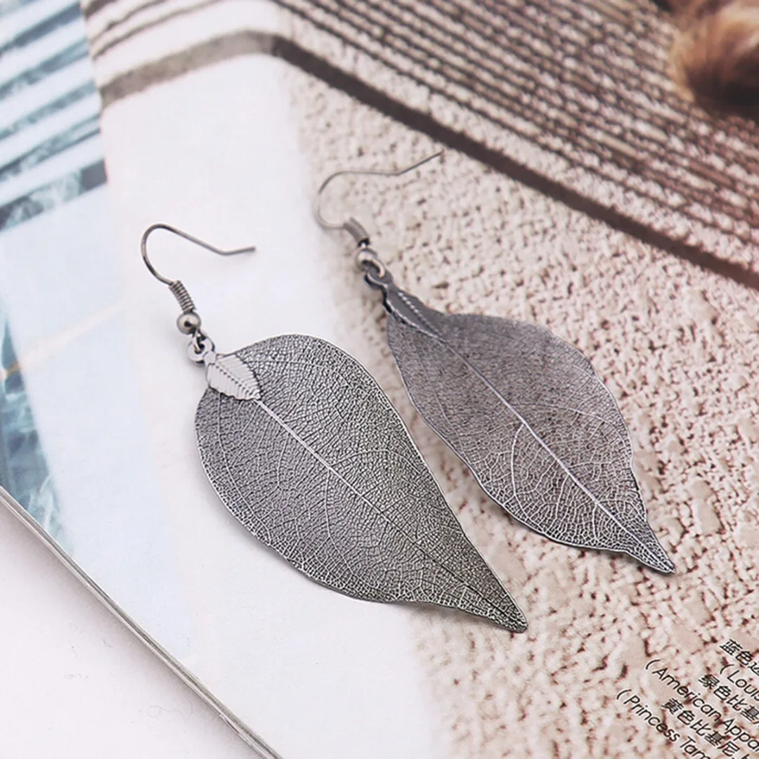 Vintage Leaves Earrings Necklaces Shellhard Long Natural Real Dipped Leaf Leaves Dangle Earring Ethic Women Jewelry 4Colors