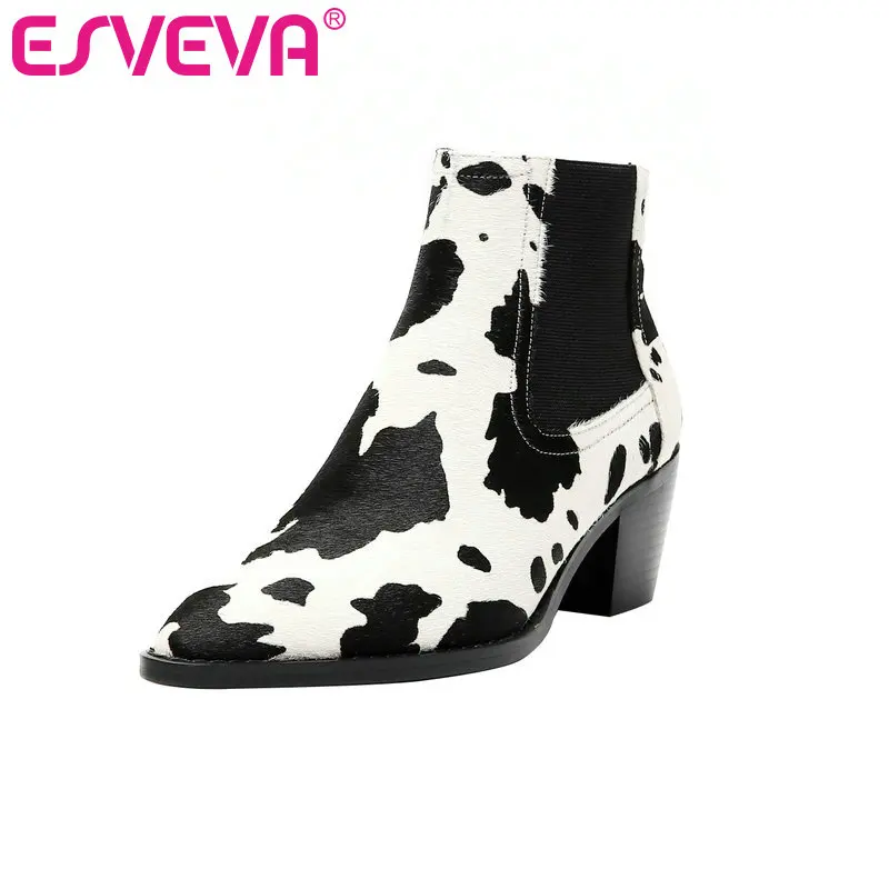 

ESVEVA 2020 Women Shoes Winter Ankle Boots Genuine Leather+pu Square Med Heel Zipper Motorcycle Platform Boots Size 34-39