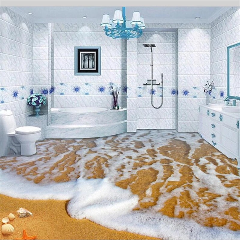 

beibehang Custom flooring 3d beautiful sea view beach sprawling starfish shell 3D floor three-dimensional painting 3D flooring